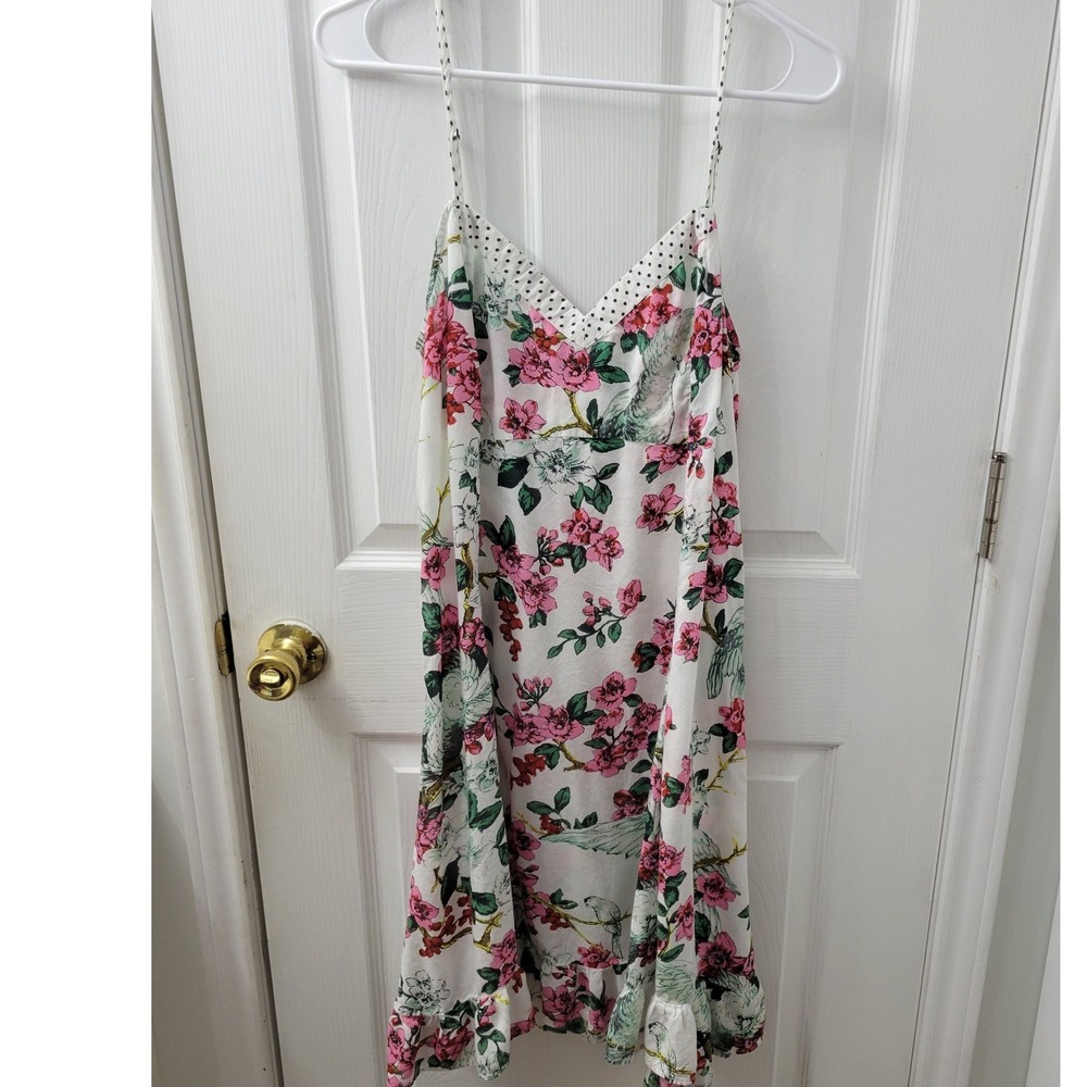 Anthropologie Floral Ruffle Slip Dress White Pink Green Polka Dot Trim Medium